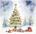 Festive watercolor decorated Christmas tree surrounded by colorful gifts, set in a peaceful snow-covered landscape Royalty Free Stock Photo