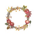 Festive watercolor fall wreath with hand painted bittersweet vine, tree branches, yellow and orange leaves, red berries Royalty Free Stock Photo