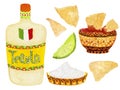 Festive watercolor food collection, bottle of tequila, nachos, lime, salt isolated on white background.