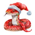 Festive Watercolor Illustration of a Santa Hat-Wearing Snake