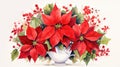 Festive Watercolor Poinsettia Arrangement with Holly and Ivy in Vase AI Generated