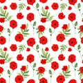 Festive watercolor poppies seamless pattern. hand painted poppy flowers and green leaf on white background. Remembrance day, Anzac Royalty Free Stock Photo