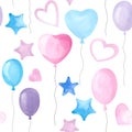 Festive watercolor seamless pattern with painted colorful balloons and stars. Royalty Free Stock Photo