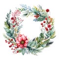 Festive watercolor wreath of poinsettia winter berry and evergreen fir pine branches