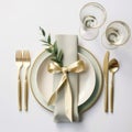 Festive table setting with golden cutlery on white table background. Flat lay, top view. Empty created with Generative AI