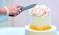 Festive wedding cake with flowers, yellow-orange flowers, bunk, beautiful, gentle, the bride cuts the cake Royalty Free Stock Photo