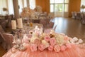 festive wedding table decoration with crystal chandeliers, golden candlesticks, candles and white pink flowers . stylish Royalty Free Stock Photo