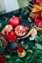 The festive wedding table with red autumn leaves. Wedding decoration. Artwork Royalty Free Stock Photo