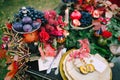 The festive wedding table with red autumn leaves. Wedding decoration. Artwork Royalty Free Stock Photo