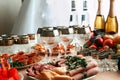 Festive well-laid table with food and drink