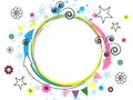 Festive white background with colorful comic elements. Abstraction. Arrows, spirals, stars, flowers. Cheerful multi-colored design Royalty Free Stock Photo