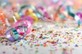 Festive Whitespace: White carnival Background with Colored Confetti and Streamers.