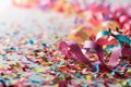 Festive Whitespace: White carnival Background with Colored Confetti and Streamers. Royalty Free Stock Photo