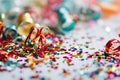 Festive Whitespace: White carnival Background with Colored Confetti and Streamers. Royalty Free Stock Photo