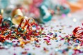 Festive Whitespace: White carnival Background with Colored Confetti and Streamers.