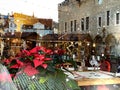 Festive windows Christmas trees decoration reflection on street vitrines snowflakes and gold confeti on glass  at holiday urban st Royalty Free Stock Photo