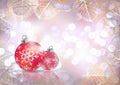 Festive winter background with red holiday balls against bokeh lights and frame of hoarfrost leaves Royalty Free Stock Photo