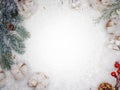 Festive winter flat lay. Snow, cones and branches of a green Christmas tree on a white background