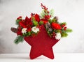 Festive winter flower arrangement in vase of red star shape. Christmas flower composition for holiday Royalty Free Stock Photo