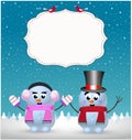 Festive winter greeting card template of cute snowman and snowgirl on winter landscape background