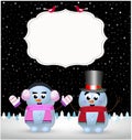 Festive winter greeting card template of cute snowman and snowgirl on night landscape background