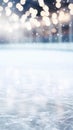 Festive winter holiday background with ice on the skating rink and bokeh lights. Empty ice skating arena. Generative AI Royalty Free Stock Photo