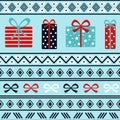 Festive winter holidays christmas birthday horizontal seamless pattern with gift boxes and traditional ornament Royalty Free Stock Photo