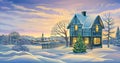 Festive winter landscape with a festively decorated house and Christmas tree