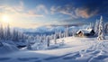 Festive Winter Landscape. Santa, Joyful Children, Cozy Cabin - A Stunning Christmas Card Royalty Free Stock Photo