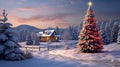 Festive winter landscape with a village and decorated Christmas tree Royalty Free Stock Photo