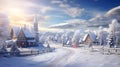 Festive winter landscape with a village and decorated Christmas tree Royalty Free Stock Photo