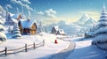 Festive winter landscape with a village and decorated Christmas tree Royalty Free Stock Photo