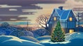 Festive winter landscape with a village and decorated Christmas tree. Royalty Free Stock Photo