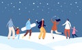 Festive winter people. Happy holiday, christmas family with children on snow city street illustration. Xmas new year