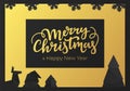 Festive winter postcard with Christmas decorations. Happy New Year greeting card with golden foil and black paper background. Royalty Free Stock Photo