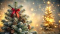 A festive winter scene featuring a small decorated evergreen tree with a red bow and pinecones, illuminated by a soft glow. Royalty Free Stock Photo