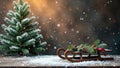 A festive winter scene with a miniature christmas tree and a rustic sled adorned with evergreen boughs. Generative AI Royalty Free Stock Photo