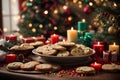 A festive winter scene showcasing a wooden table adorned with a selection of freshly baked cookies