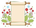 Festive winter scroll with rolling pins holly berries and snowflakes copy space Royalty Free Stock Photo