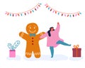 Festive Winter Season Holiday Illustration. People Character Girl and Christmas Traditional Symbols Gingerbread Royalty Free Stock Photo