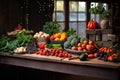 festive winter vegetable display on rustic table