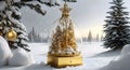 A festive wintery landscape of golden and white Christmas ornaments