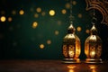 Festive wishes Eid Al Adha Mubarak with Ramadan lanterns backdrop