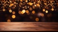 Festive wooden table lights design abstract background empty gold wood christmas celebration bokeh blur Royalty Free Stock Photo