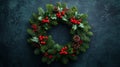 A Festive Wreath Made Of Spruce Branches And Holly Berries For Christmas, Copy Space