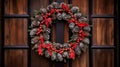 A festive wreath made up of pine cones and holly berries,