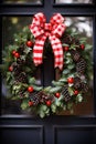 A festive wreath made up of pine cones and holly berries,