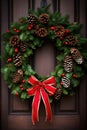 A festive wreath made up of pine cones and holly berries,