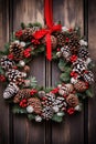 A festive wreath made up of pine cones and holly berries,