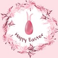 Festive wreath of pink chrysanthemums. In center is decorative egg, rabbit ears, text Happy Easter. Light pink vector illustration Royalty Free Stock Photo